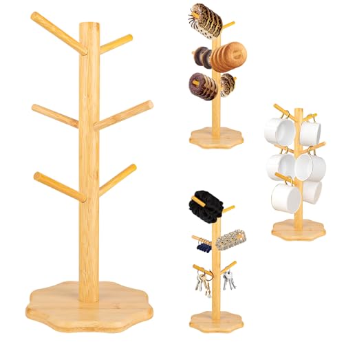 Soporte Tazas, Soporte para Tazas de Cafe con 6 Ganchos, Organizador Tazas de Madera con Base Engrosada, Portavasos de Café, Soporte para Colgar Tazas para Cocina, Restaurante, Bar (Color Madera)