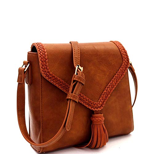 Boho Tassel Braided Flap Vegan Leather Structured Saddle Crossbody Shoulder Bag Satchel Purse