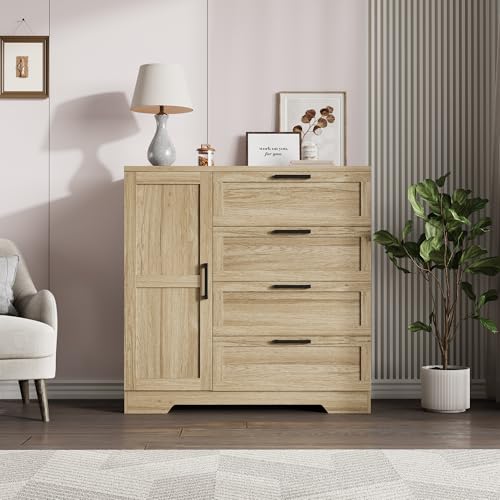 GarveeHome Wood Armoire Wardrobe Closet with 4 Drawers and Door, 43.3" H Bedroom Wardrobe Cabinet with Hanging Rod, Clothing Storage Cabinets, 4 Drawers Dresser with Storage Closet, Natural Oak