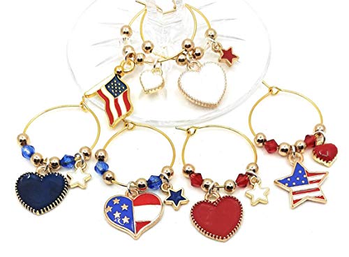 Patriotic Wine Charms, American Flag Wine Charms, Fourth Of July Wine Charms, Independence Day, Patriotic Party Supplies, Memorial Day Wine Charms, Glass Identifiers, Glass Tags - 6 Wine Charms #TOP3