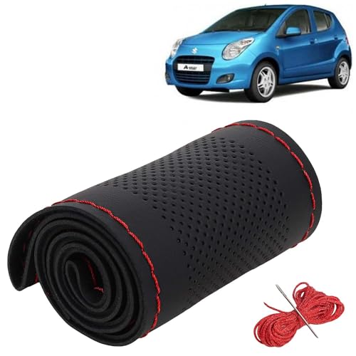 Image of KINGSWAY PU Leatherite Car Steering Cover Sewable Compatible with Maruti Suzuki A Star (Year 2008-2013), Black Color with Red Thread, Pack of 1 with Sewing Needle and Thread