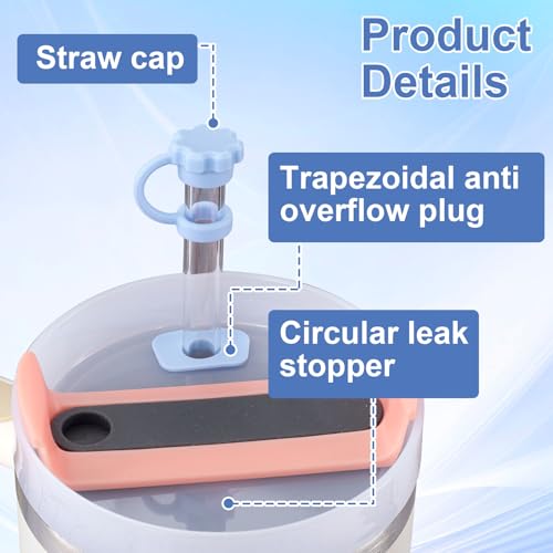 Image of HINZIC 3 Sets Spill Stoppers for 40oz Stanley Quencher H2.0, Pink Blue White Straw Cover Cap 10mm, Silicone Square Leak Proof Lid and Round Lid Spill Plug, Drinking Cup Accessories