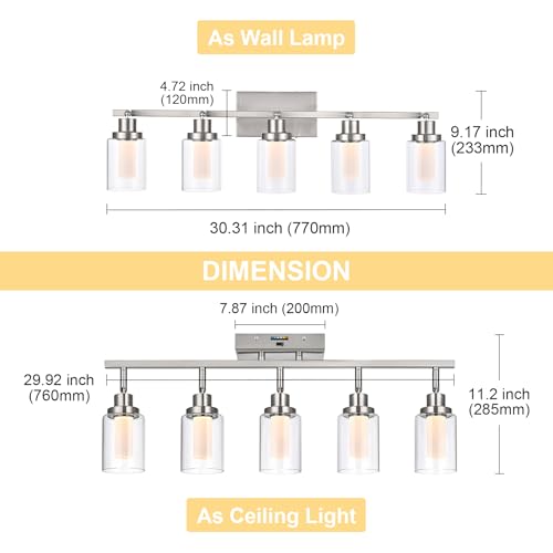 Image of 5-Color Temperature 5-Light LED Track Lighting Fixtures Ceiling, Brushed Nickel Spotlight Bathroom Wall Lamp with Integrated LED Chips & Clear Glass Shade & Frosted Column