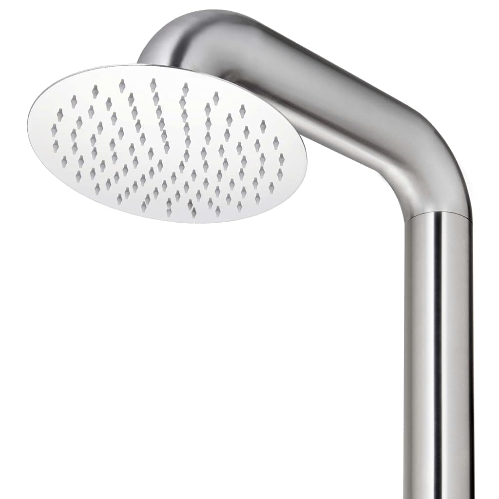 Prysznic zewnętrzny ze stali nierdzewnej z szarą płytą podłogową WPC, 230 cm, głowica prysznicowa i słuchawka prysznicowa z elastycznym wężem 1,5 m i mosiężnym uchwytem, prysznic ogrodowy do basenu i