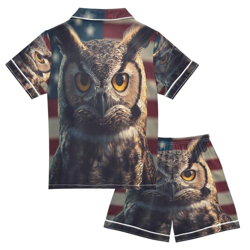 ALAZA Funny Owl American Flag Satin Pajamas Set Short Sleeve Button Down Sleepwear Summer Pjs 2 Piece2