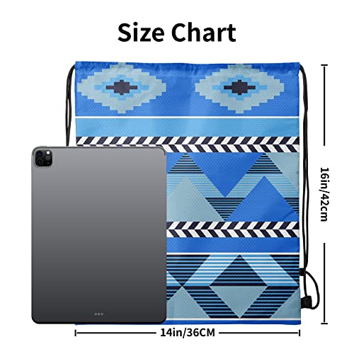 Cafl Ethnic Blue Geometric Drawstring Backpack Waterproof Lightweight Sackpack For Hiking Yoga Gym Swimming Travel Beach 14*16In #TOP4