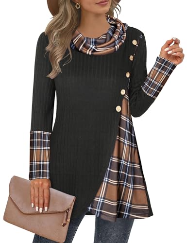 Image of Miusey Women's Cowl Neck Pullover Sweaters Lightweight Long Sleeve Tunic Sweatshirts Asymmetric Hem Knit Sweater