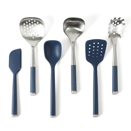 Image of Calphalon Edge 6-Piece Stainless Steel and Silicone Kitchen Tool Set, Kitchen Utensil Set, Scraper, Skimmer, Spoon, Ladle, Turner, Pasta Server, Heat Resistant Nonstick Safe Cooking Utensils (Navy)
