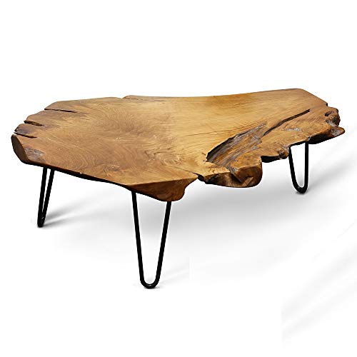 StyleCraft Badang Carving Natural Wood Edge Teak Contemporary Coffee Cocktail Table with Clear Lacquer Finish and Metal Hairpin Legs for Living Room - Image 4