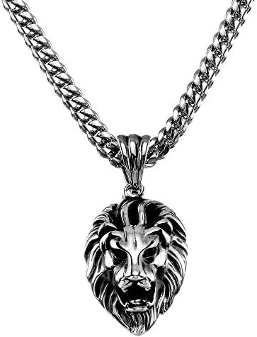 W/W Lifetime Lion Necklace 18K Gold Stainless Steel Head Pendant Necklace Mens Hip Hop Rapper With 6MM Miami Stainless Steel Cuban Link Chain 24inches