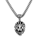 W/W Lifetime Lion Necklace High Polished and Blacked Stainless Steel Head Pendant Necklace Mens Hip Hop Rapper With 6MM Miami Stainless Steel Cuban Link Chain 24inches (Silver)
