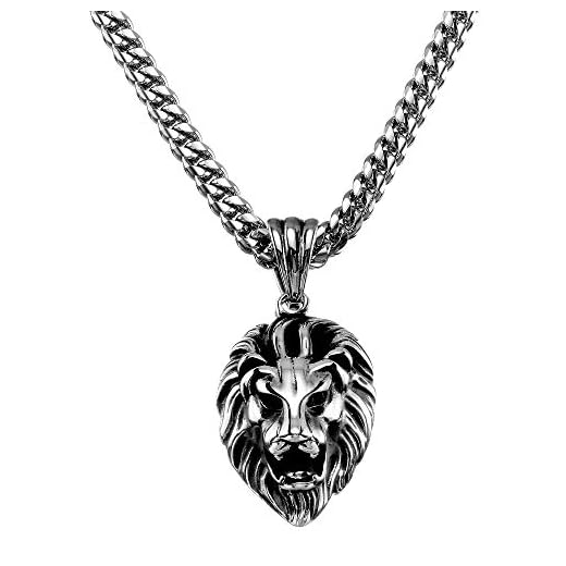 W/W Lifetime Lion Necklace High Polished and Blacked Stainless Steel Head Pendant Necklace Mens Hip Hop Rapper With 6MM Miami Stainless Steel Cuban Link Chain 24inches (Silver)