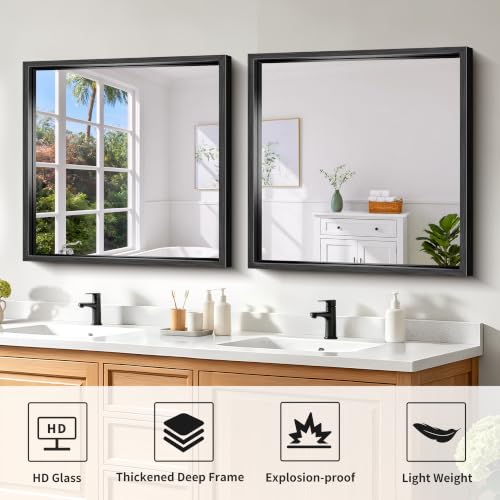 Image of 24x24 Square Black Mirror, Bathroom Mirrors for Over Sink 0.6 inch Thickened Deep Frame, Brushed Black Rectangle Mirrors for Wall, Shatterproof Tempered Glass, Antirust, Horizontally or Vertically