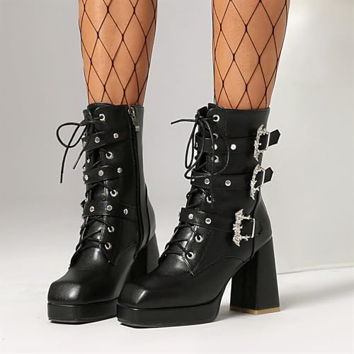 Image of FOREADA Goth Boots Chunky Heel Boot For Women Ankle Combat Booties Black Platform Bootie Buckle Rivets Punk Goth Shoes With Zipper