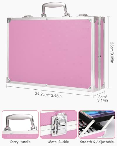 SOBEAU 144-teilig Malset, Malkoffer Kunstset, Zeichenstifte Professionell Set mit Buntstifte, Wasserfarben, Ölpastellfarbe, Farben und Kohlebleistiften, Geschenk für Kinder und Erwachsene, Rosa