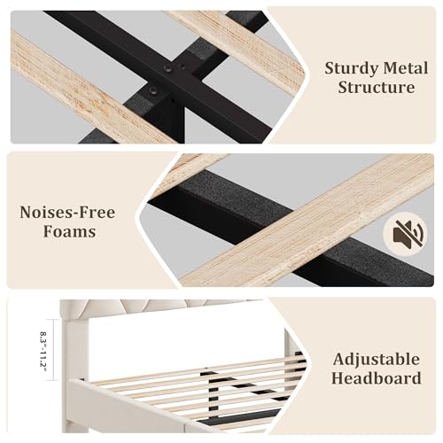 GAOMON Beige Twin Upholstered Bed Frame, Heavy-Duty Platform Bed Frame with Upholstered Headboard & Strong Wood Slats, No Box Spring Needed/Noise Free/Easy Assembly