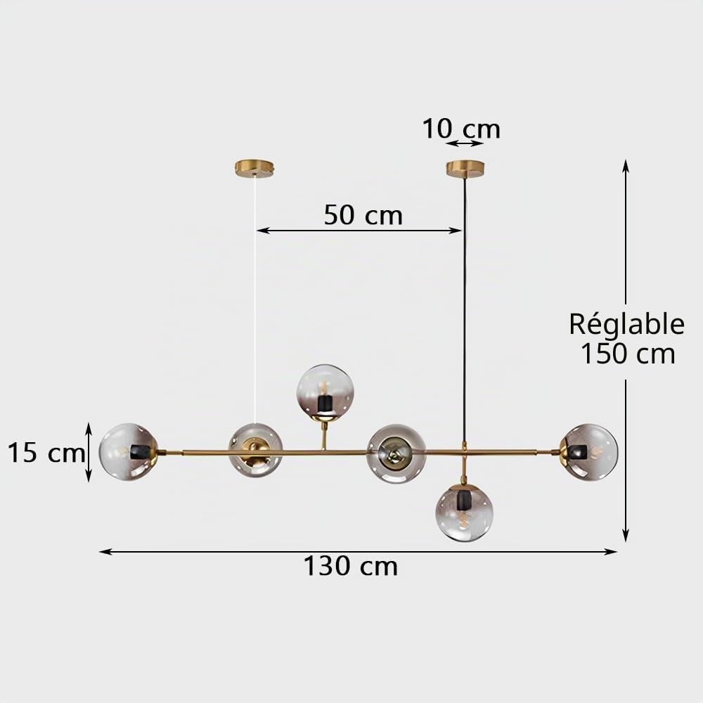 Suspension D'îlot De Cuisine Moderne 130 Cm G45 Lustre Minimaliste Lampe Suspendue Boule De Verre Réglable Éclairage Suspendu À 6 Lumières pour Salle À Manger Salon Cuisine Bureau