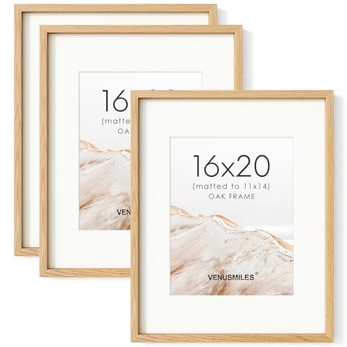 Image of 16 x 20 Picture Frame Set of 3, USA-Sourced Natural Oak Wood Photo Collage Frame with HD Tempered Glass, Modern Simple 16x20 Wooden Frame Matted to 11x14, Vertical & Horizontal Wall Hanging Display