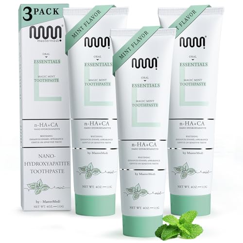 Image of MasterMedi Mint Nano Hydroxyapatite Toothpaste with Xylitol - Fluoride & SLS Free, Remineralizing Formula for Whitening, Sensitive Teeth, Enamel Repair & Strength, Magic Mint, 4 oz (Pack of 3)