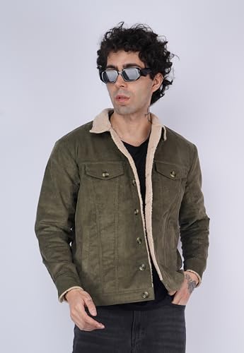 Image of Men's Sherpa Lined Corduroy Jacket | Warm Winter Jacket with Fur Collar & Cuffs | Soft Fleece Lining, Multiple Pockets - Brown, Olive Green, Chocolate Brown