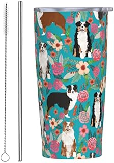 Cute Aussie Australian Shepherd Dog Puppy Green Flowers Florals Water Bottles - 20oz Tumbler Cups with Lid, Steel Straw and Brush Mug - Stainless Steel Vacuum Insulated Water Coffee Thermal Cup Gifts