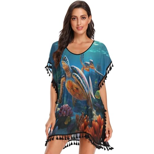 Colorful Sea Turtles Blue Fishes Women's Beach Cover Up Chiffon Tassel Swimwear Swimsuit Coverups for Girl