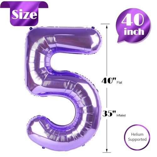 Image of Purple Number 5 Balloon 40 Inch, 5th Birthday Party Decorations, Giant 5 Foil Balloon for Party Supplies