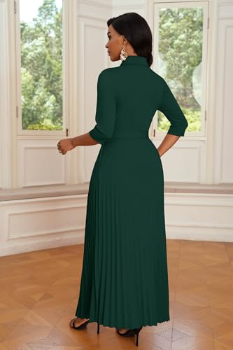 Image of Runwind Maxi Dresses for Women, 3 /4 Sleeve Botton Down Pleated Long Dress with Belt Casual Church Dress with Pockets