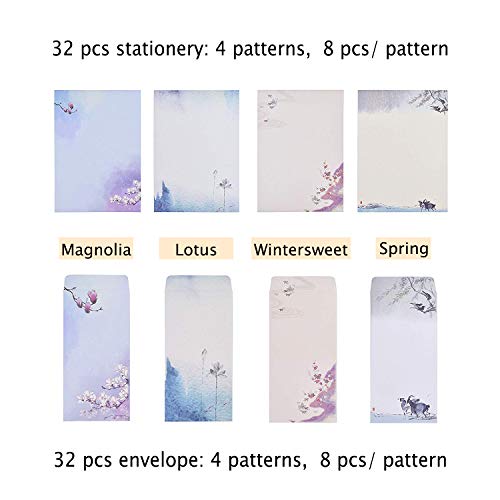 NUIBY 64 Pcs Letter Writing Stationery Paper Letter Set (32 stationery Paper + 32 Envelopes) Ink Painting Classic Vintage Antique Design - Thumbnail 3