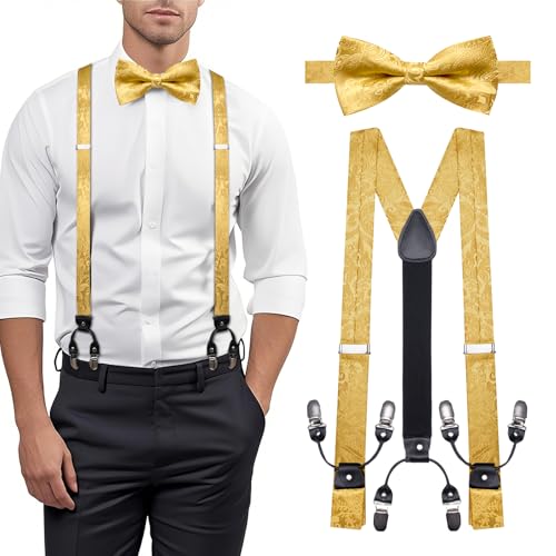 Image of YOHOWA Men Suspenders 6 Clips Strength Adjustable Y Braces Pre-Tied Bow Tie Set Formal Wedding Party