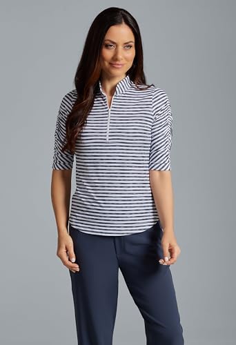 IBKUL Athleisure Wear Sun Protective UPF 50+ Icefil Cooling-Landon Stripe II Print Ruched Elbow Sleeve Top-411642