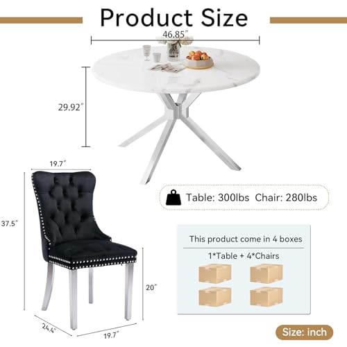 Image of 5-Piece Round Dining Table Set for 4, Modern Faux Marble Kitchen Table and Black Velvet Chairs Set of 4, Luxury 45 inch Circle White Silver Dining Room Tables with Stainless Steel Cross Legs