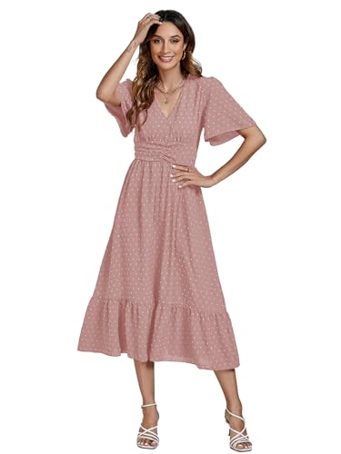 Image of LYANER Women's Boho Maxi Dress Long Sleeve V Neck Swiss Dot High Waited A-Line Ruffle Tiered Chiffon Long Dresses