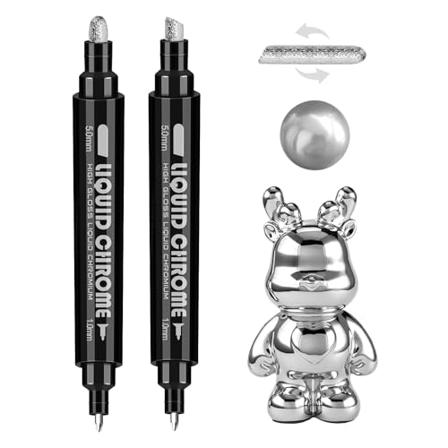 Image of SFAIH Chrome Silver Paint Markers Pens - Dual-Ended with Fine & 2-Way Reversible Tip for Metallic Mirror Finish on Any Surface - Professional, Waterproof, Permanent for Crafts, Metal, Car,Glass