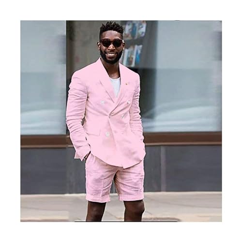 Linen 2 Piece Double Breasted Suit Men Summer Shorts Casual Blazer Tuxedo Groom Beach Wedding Dress (Blazer+ Shorts)3