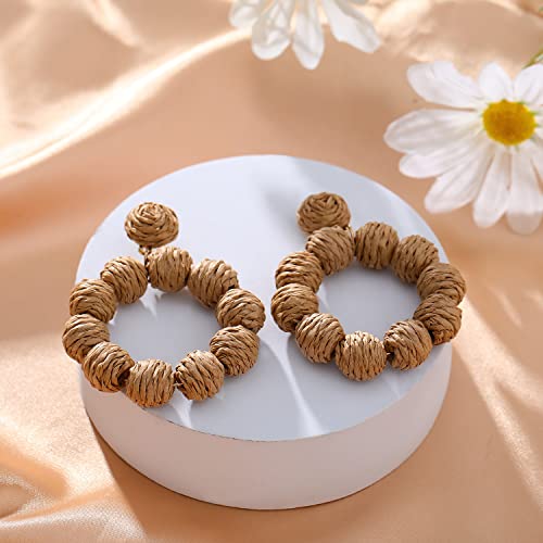 Statement Raffia Earrings For Women Girls Boho Rattan Ball Hoop Dangle Earrings Handmade Bohemia Braid Straw Wicker Raffia Wrapped Drop Earrings Summer Beach Earrings Jewelry #TOP4