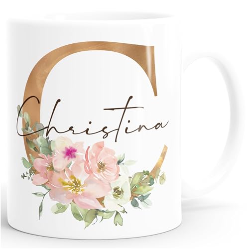 SpecialMe® Kaffee-Tasse mit Namen personalisiert Anfangsbuchstabe Initiale Monogram Blumen persönliche Geschenke Weiss Keramik-Tasse
