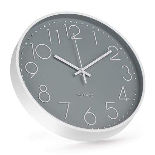 Image of Wall Clock 10 Inch Non-Ticking Silent Modern Simple Style Round Decor Clock Gray Stereoscopic Dial Quartz Wall Clocks for Home /Office /School /Living Room /Bedroom /Kitchen