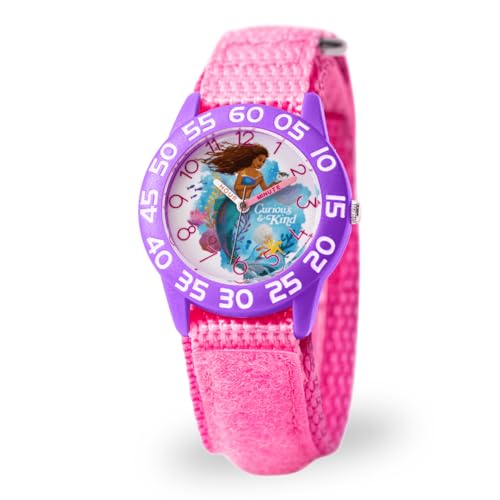 Disney Little Mermaid Watch for Girls Ages 4–7 – Featuring Ariel Character Dial – Perfect Princess Gift for Kids Learning Time – Purple Bezel with White Numbers and Pink Nylon Strap with Velcro