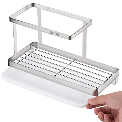 Oyydecor Kitchen Sink Caddy Organizer with Drain Pan Sponge Soap Brush Holder SUS304 Stainless Steel (Silver) - Thumbnail 4