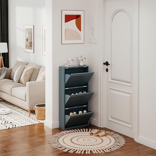 VEEHAUS - Estantería para zapatos, estrecha, alta, armario para zapatos, con tapa magnética, montaje en pared, de metal (gris azul, 3 tapas)