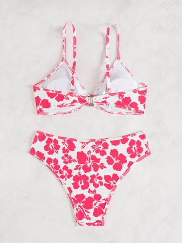 Image of Fanuerg Women's Triangle Bikini Sets O Ring Linked Two Piece Swimsuits Floral Printed Cheeky Bathing Suit