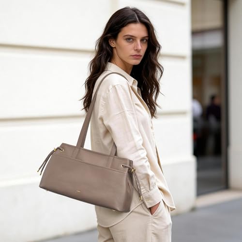 Image of Kattee Stylish Leather Bucket Bag for Women with 2 Detachable Straps | Top grain pebbled leather with drawstring sides, roomy pockets, and space for a 7.9-inch tablet.
