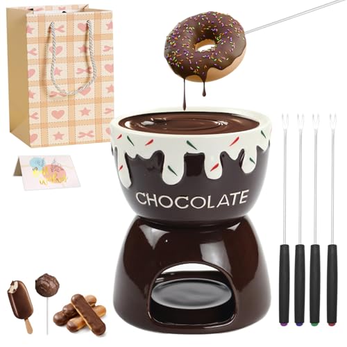 Chocolate Fondue Set 17oz Ceramic Cheese Fondue Set with 4 Stainless Steel Forks Multi-Purpose Chocolate Melting Pot Cheese Fondue Pot for Dessert Making Gift for Kids (Ceramic Chocolate)