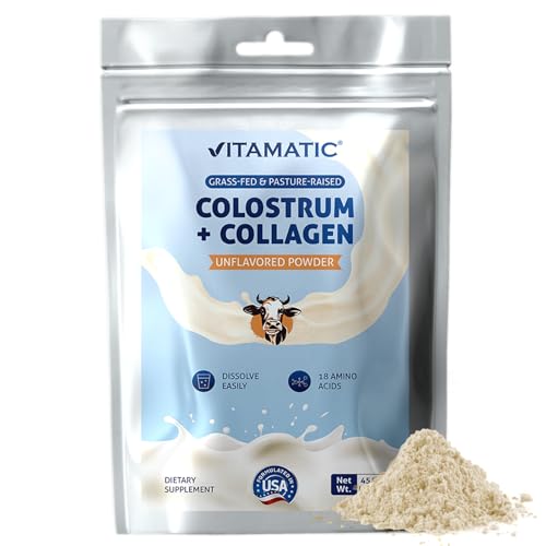 Image of Vitamatic Bovine Colostrum + Collagen Powder - Supplement for Gut Health, Hair Growth, Beauty, Muscle Recovery, & Immune Support - Easy to Mix - Unflavored - 454 Gram, (16 oz)