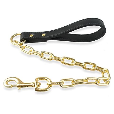 Didog Heavy Duty Macho Dog Giant Chain Traffic Lead Short Leash with Golden Leather Handle,28" in Length Cover