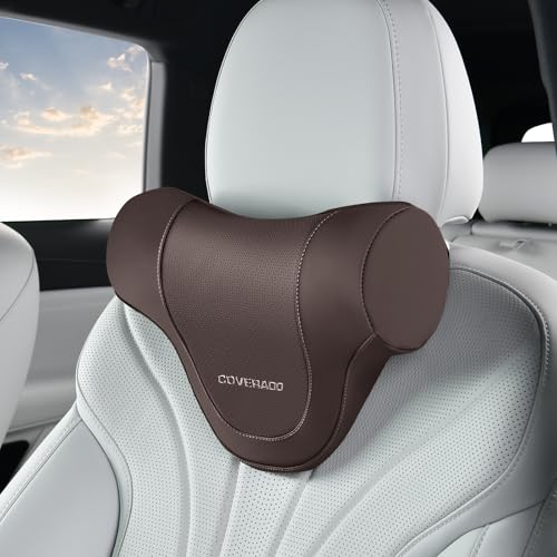 Image of Coverado Car Headrest Pillow, Ergonomic Memory Foam Car Neck Pillow for Driving Seat with Adjustable Strap, Soft PU Leather Breathable Removable Cover Neck Support for Neck Pain Relief