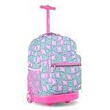 J World Sunrise Kids Rolling Backpack with Wheels for Girls Boys, Roller Bookbag for School, 18 x 13 x 9 Inches, Puffy Flower