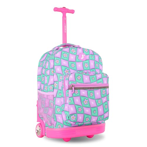 Image of J World Sunrise Kids Rolling Backpack with Wheels for Girls Boys, Roller Bookbag for School, 18 x 13 x 9 Inches, Puffy Flower