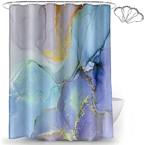 DKLFYDBG Marble Shower Curtain 180 x 200 cm Anti-Mould Fabric Purple Green Teal Gold Shower Curtain with Steel Hooks, Modern Abstract Watercolour Glitter Shower Curtains Bathroom Waterproof Weighted Cover